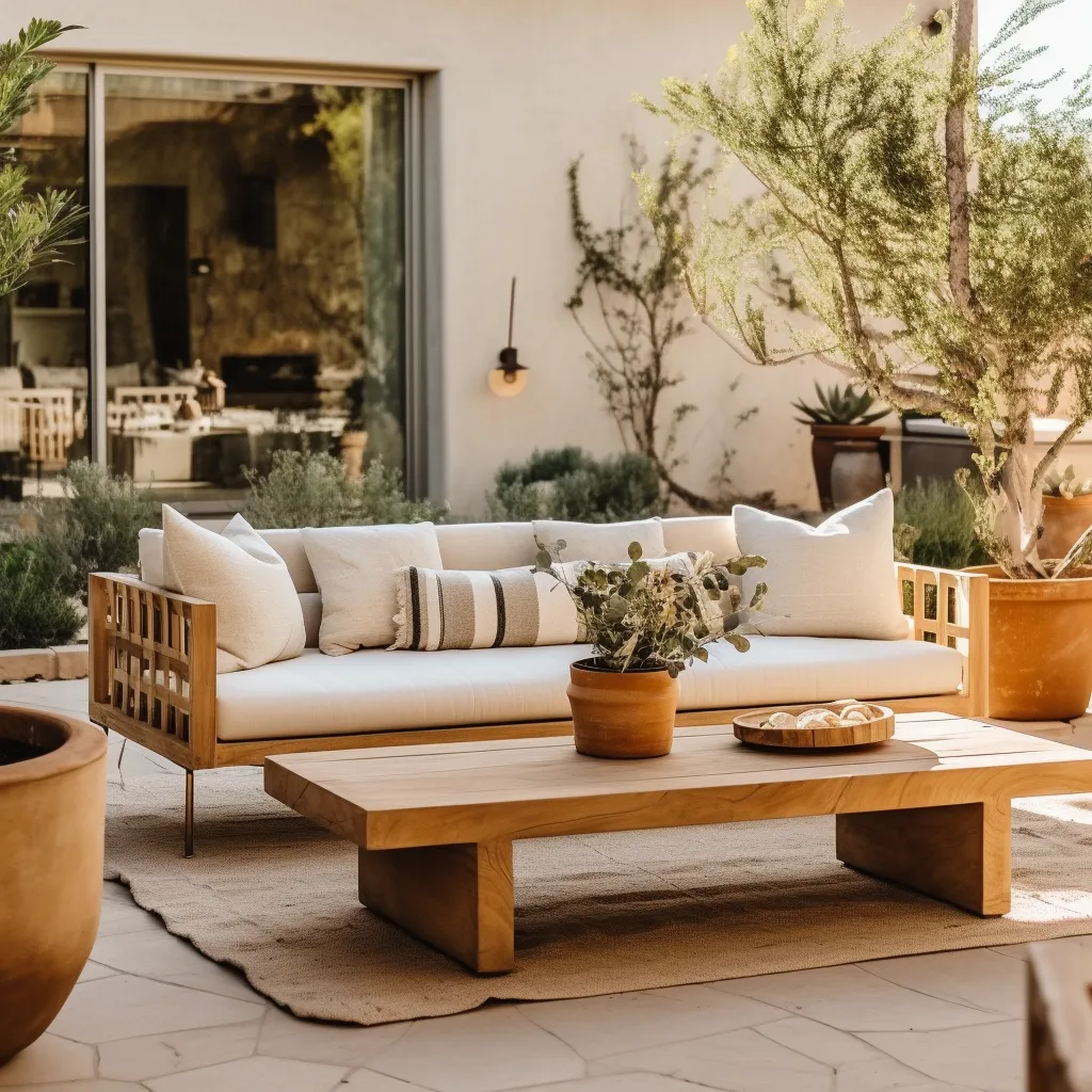 Terrace in the garden with a seating set, table, and flower pot on the table